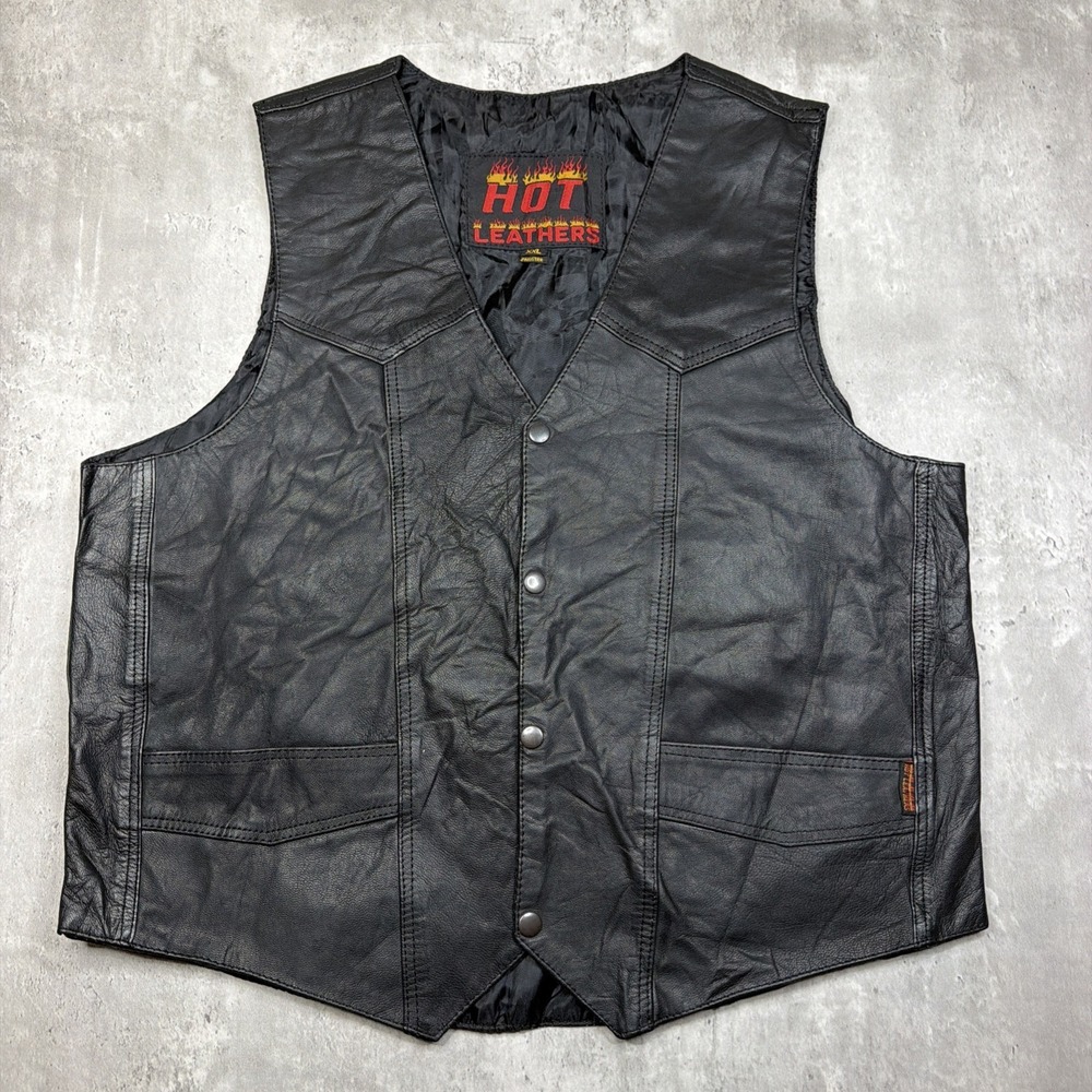 VTG Hot Leathers Men's XXL Black Leather Motorcycle Biker's Vest Snap Front